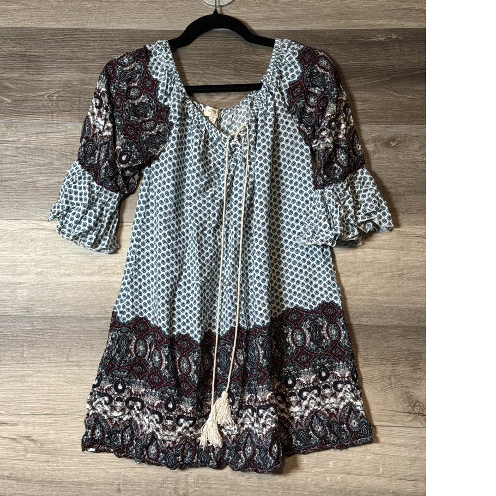 Umgee Womens M Boho Tunic Top Paisley Border Print Bell Sleeve Tassel Peasant